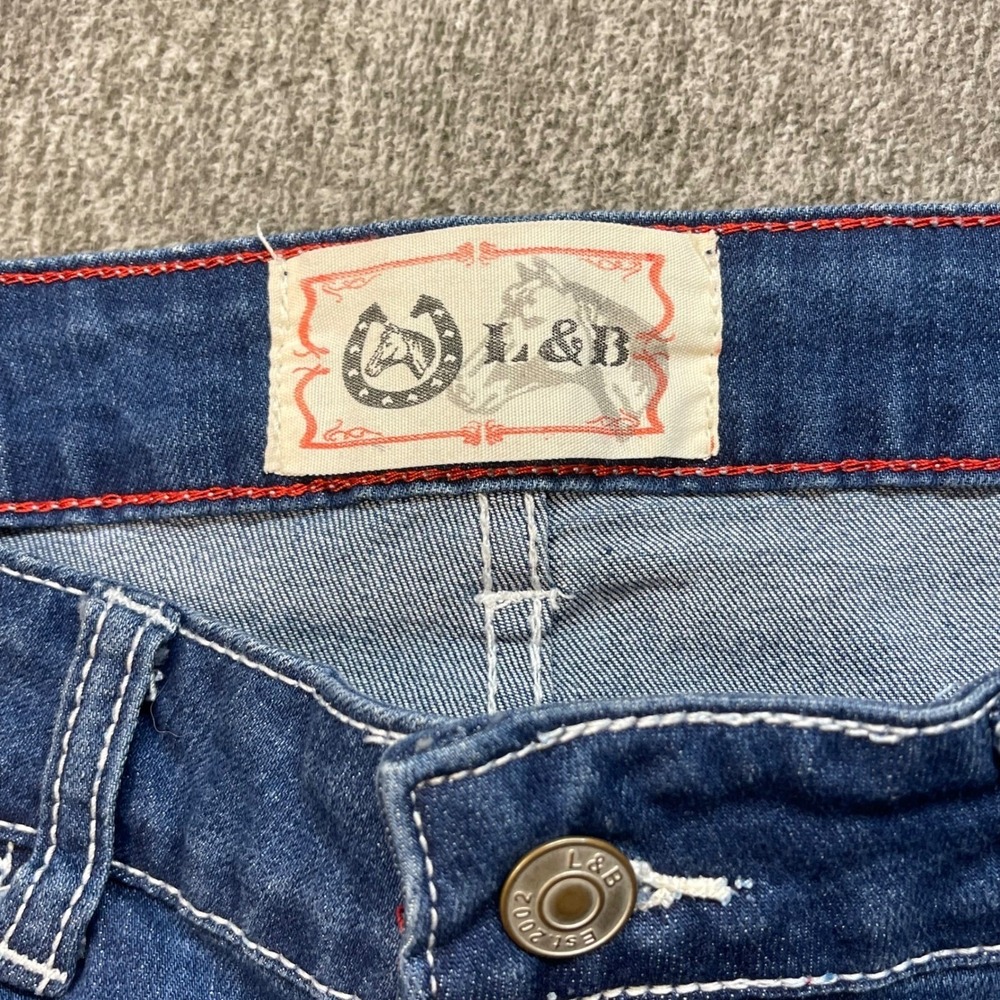 L&B Baseball Patch Distressed Jeans Womens 14 Medium Wash Straight‎ Leg Stretch - Picture 4 of 11